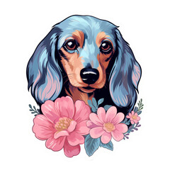  Illustration of Dachshund Dog Surrounded by Flowers