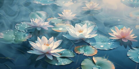 water lilies on a misty lake, used as background