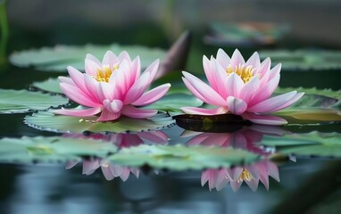 Two beautiful lotus reflections in a very clear pond