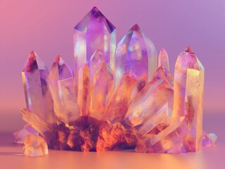 A vibrant cluster of crystals glowing under a soft, magenta-hued light creates a mystical and enchanting atmosphere.