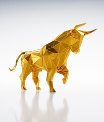 Golden polygonal bull with white backdrop - 3D illustration