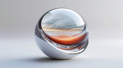 A large, shiny, round glass sphere with a sandy beach in the background