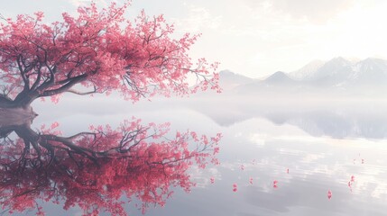 A tree with pink leaves is reflected in the water