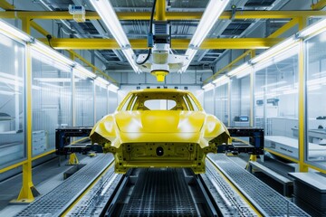 Industrial robot applying yellow paint to passenger car body in factory production line