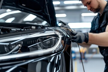 Master fixing car after accident, professional repair service on white background