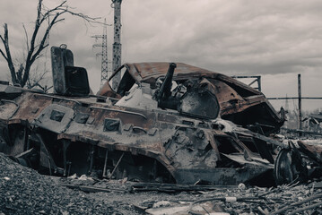 burnt tank and destroyed buildings of the Azovstal plant shop in Mariupol