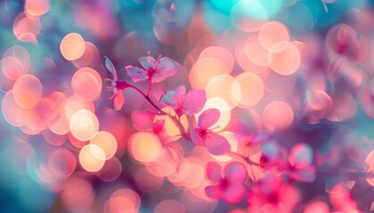 Vibrant pink and turquoise bokeh lights, glowing softly like exotic flowers