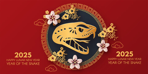 Happy Chinese New Year 2025 with Snake zodiac sign and flowers. Lunar new year card template. Gold paper cut style on color background.