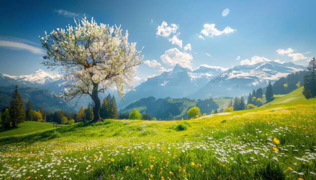 Sunny alpine day. idyllic mountain landscape with blooming meadows in springtime