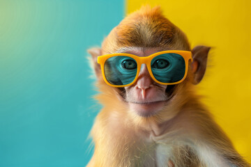 Monkey with sunglasses on blue and yellow background. Generative AI