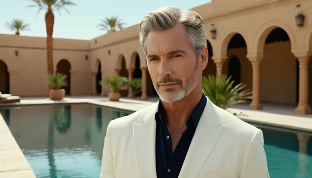 Mature caucasian man in stylish white suit posing by a luxury pool, ideal for fashion editorials and summer resort advertising campaigns