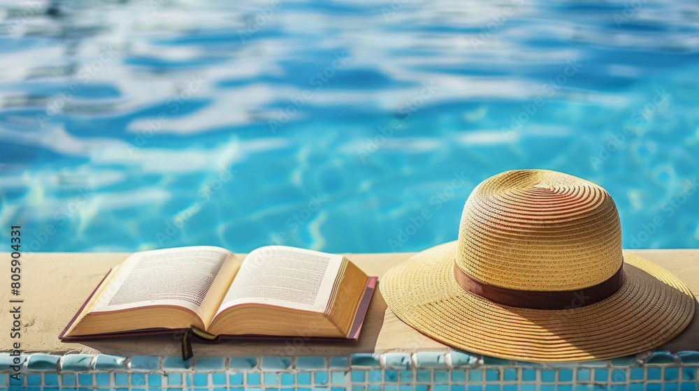 Wall mural sun hat and a book beside a pool, capturing the essence of summer relaxation