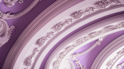 Elegant ceiling in muted lavender with classical white plaster motifs for a refined look.