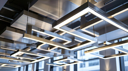Obraz premium A stylish office ceiling with a suspended design featuring interlocking metallic rectangles that create a tessellated pattern, each element housing soft LED lights.