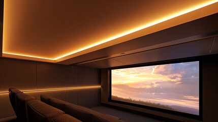 A stylish home cinema room where the acoustic ceiling features recessed lighting for minimal glare on the screen