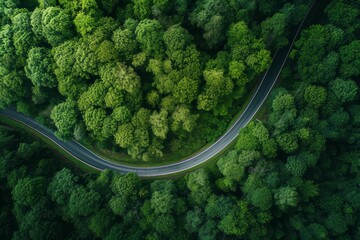 Top view of an asphalt road going through a green forest