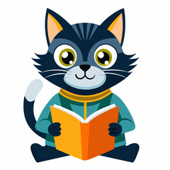 a cat reading book  vector art illustration, solid white background (2)