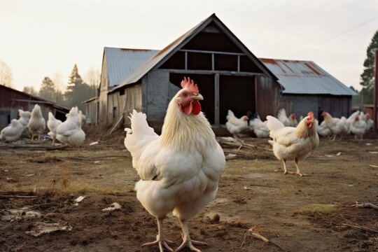 Chickens on a chicken farm grazing outdoors, domestic animal husbandry concept
