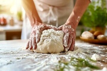 Baker's hands knead dough on the table in a bright kitchen
