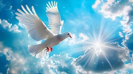A white dove flaps its wings in the blue sky, with clouds and sunshine behind it. The picture is bright and clean, with a sense of freedom and calmness. White doves symbolize peace and tranquility