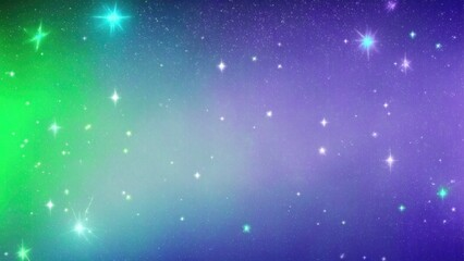Fototapeta premium Glittering Green, Blue and Purple gradient background with hologram effect and magic lights. fantasy backdrop with fairy sparkles, gold stars, and festive blurs