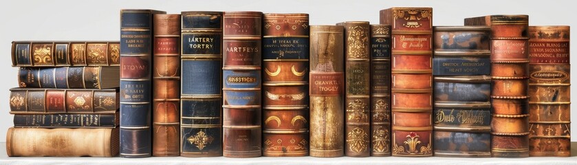 A row of old books with titles such as "The Adventures of Tom Sawyer"