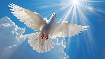 Fototapeta premium A white dove flaps its wings in the blue sky, with clouds and sunshine behind it. The picture is bright and clean, with a sense of freedom and calmness. White doves symbolize peace and tranquility