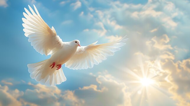 A white dove flaps its wings in the blue sky, with clouds and sunshine behind it. The picture is bright and clean, with a sense of freedom and calmness. White doves symbolize peace and tranquility