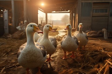 Close up of geese raised on a farm, farming business and food