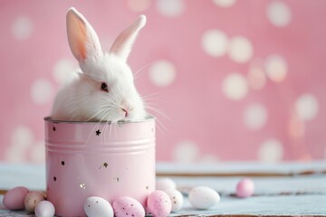 White little rabbit sitting in a pink iron bucket on a pink background with copy space for text

