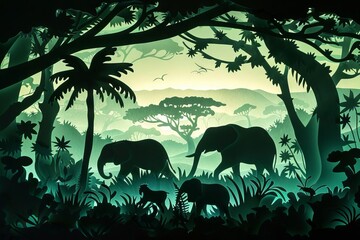 A playful layering of animal silhouettes, each cut from paper to depict a jungle scene
