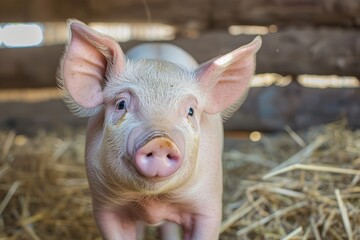 Funny close up portrait of a pig on a wide angle camera