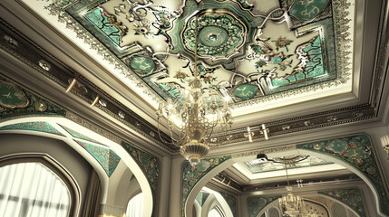 Ornate Mughal ceiling with jade and ivory tiles lit by elegant chandeliers.