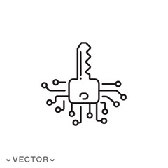 digital key icon, global electronic technologies, security information, thin line symbol isolated on white background, editable stroke eps 10 vector illustration