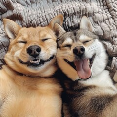 Two cheerful comical dogs take a selfie for the camera.