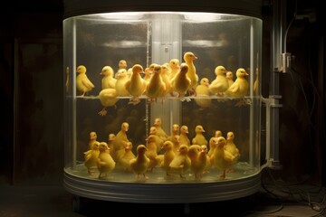 Newborn ducklings sitting in an incubator, poultry rearing technology