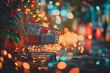 A shopping cart lies on a laptop against the background of a Christmas tree and New Year's lights, online holiday shopping concept for New Year and Christmas
