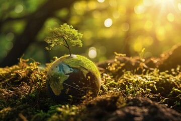 A model of the planet Earth lies on the grass in the middle of nature, forest, concept for celebrating Earth Day, ecology
