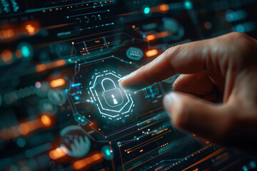 Index finger tapping lock icon represents cyber security, data protection, and privacy. It signifies safeguarding information in the digital realm amidst internet and technological advancements.
