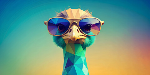 A stylized ostrich with a colorful geometric pattern and stylish sunglasses on its head stands in front of a gradient background. The sunglasses give the figure a playful, anthropomorphic character.AI - obrazy, fototapety, plakaty