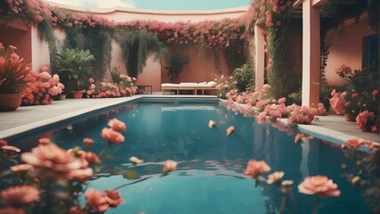 Swimming Pool Encircled by Flowers and Plants
