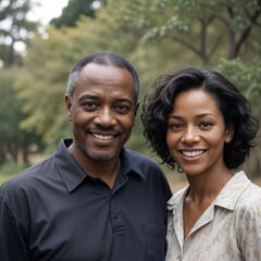 Husband and wife, African American happy couple outdoors.