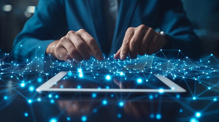 Businessman working on digital tablet computer. Business global internet network technology, social media marketing, Financial and banking, Data link, digital technology and global business concept. 