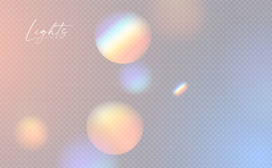 Rainbow sunshine and bokeh light effect. Dispersion of beam. Sun light effect for immersion in atmosphere.