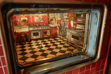 Obraz premium Inside look from an oven onto a bustling kitchen scene with red decor and checkered flooring.