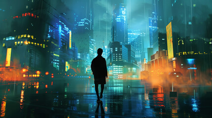 Silhouette in Virtual Reality City - A lone silhouette walks in a digitally enhanced city, depicting themes of future urban life and virtual reality. 