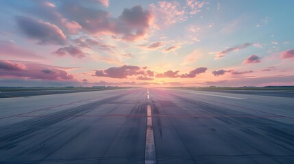 An empty airport runway at sunset, with a beautiful sky and clouds in the background. This scene evokes tranquility and solitude, creating a serene atmosphere