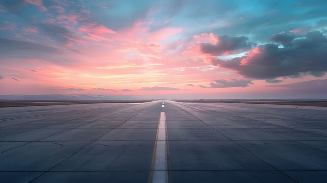 An empty airport runway at sunset, with a beautiful sky and clouds in the background. This scene evokes tranquility and solitude, creating a serene atmosphere