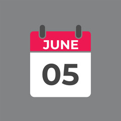 June 5 calendar reminder. 5 June daily calendar icon template. Calendar 5 June icon Design template. Vector illustration
