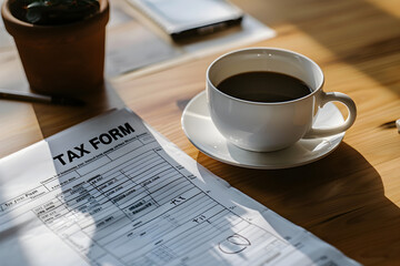 A tax form is placed on a table with some stationaries and a cup of coffee